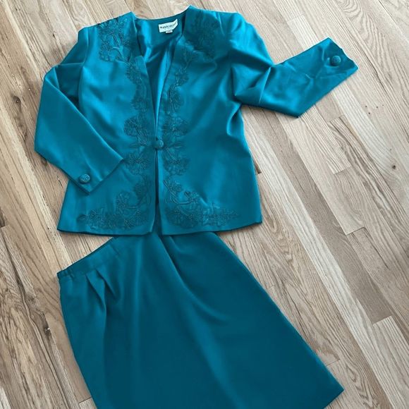 vtg 80s John Meyer of Norwich women's jacket skirt set size green teal 12 rayon - Picture 2 of 13